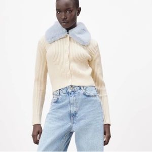 Zara Faux Fur Lapel Collar Knit Cardigan